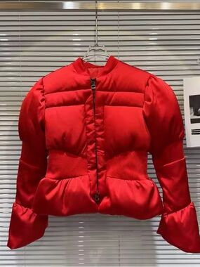 Red Quilted Puff-Sleeve Puffer Jacket